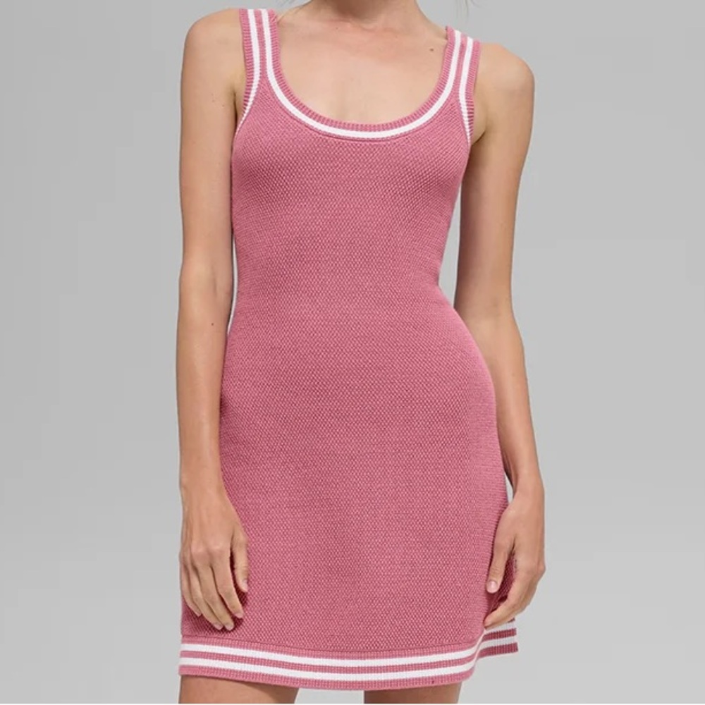 Alo Yoga Tennis Club Sweater Knit Dress Pink Wild Rose/White M